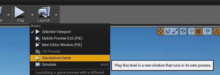 Play -> Dropdown -> Standalone Game