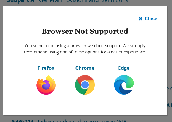 Screenshot of notice that says "Browser Not Supported" and encourages the reader to use Firefox, Chrome, or Edge