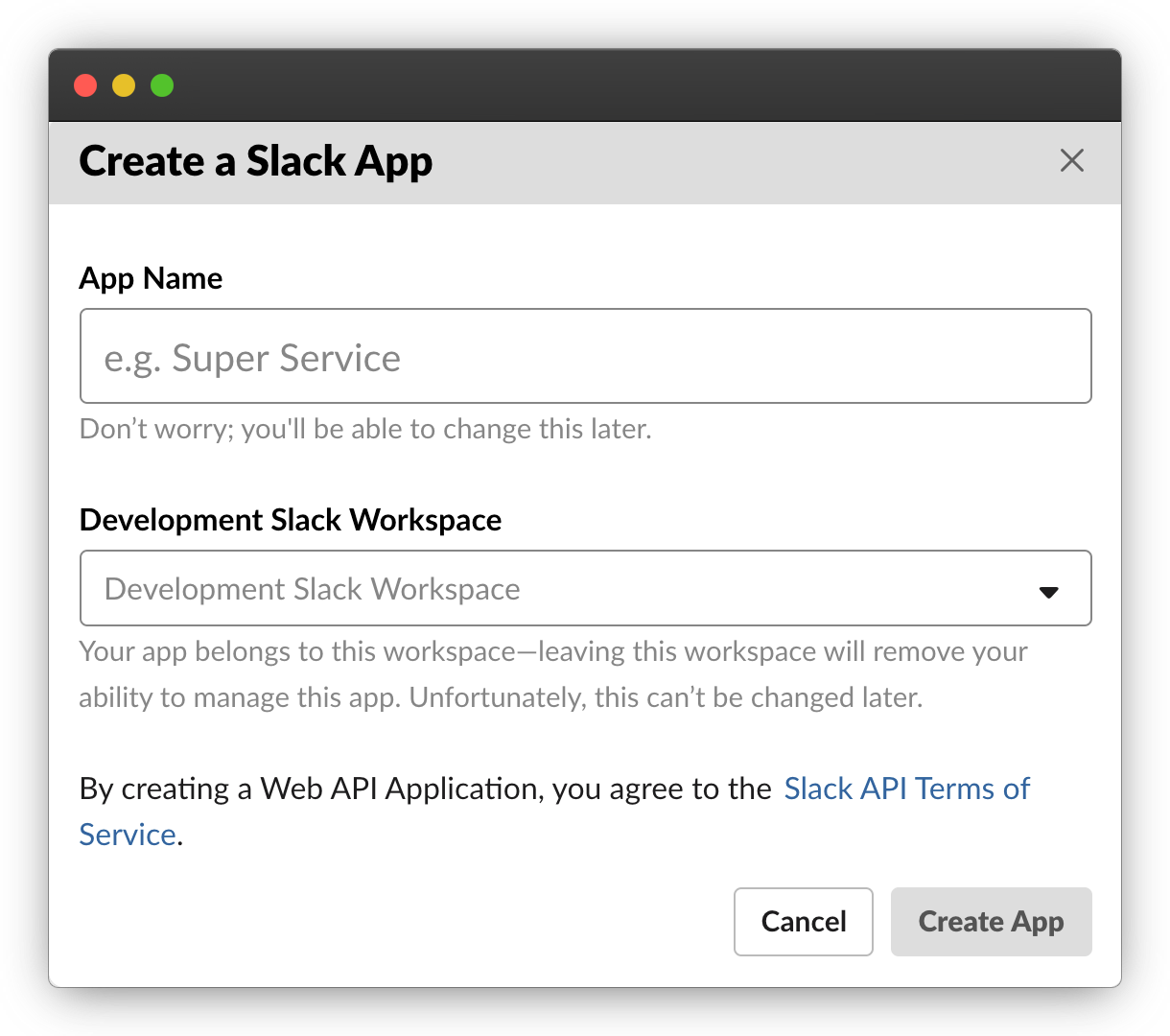 Create a new slack app