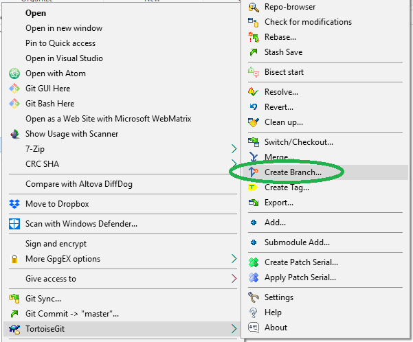TortoiseGit Create Branch Menu