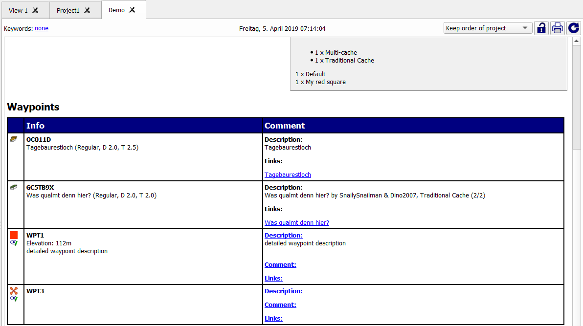 Waypoint list in roadbook