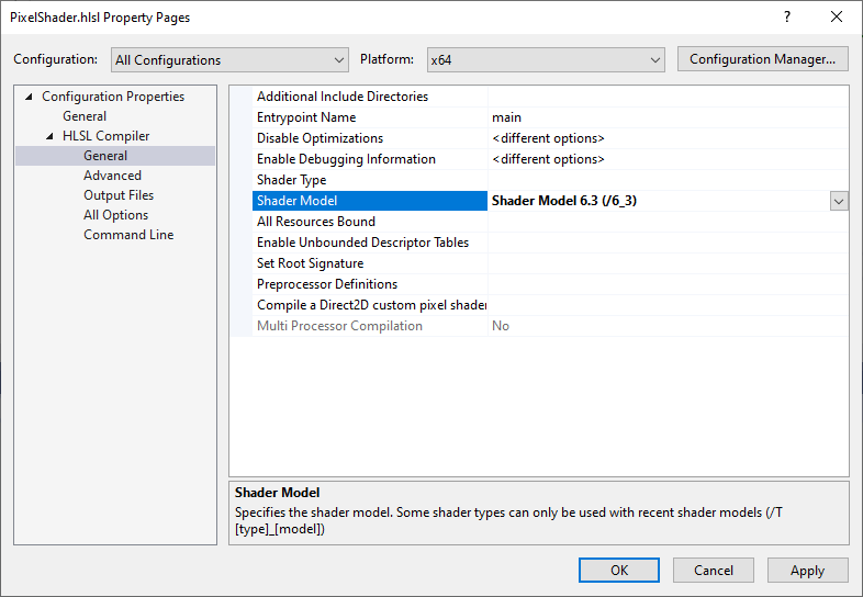 Shader Model 6.3 set in General property page