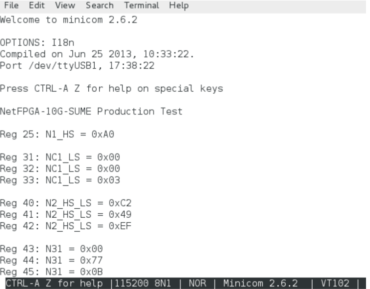 NetFPGA-SUME out-of-box Terminal Screen Shot