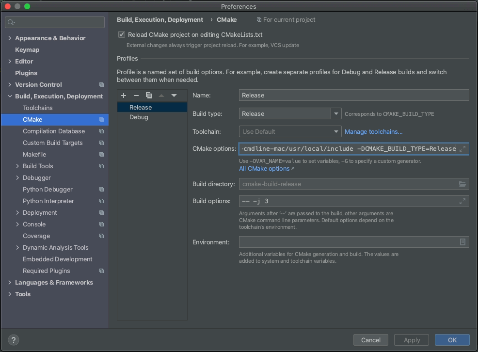 CLion Toolchain settings