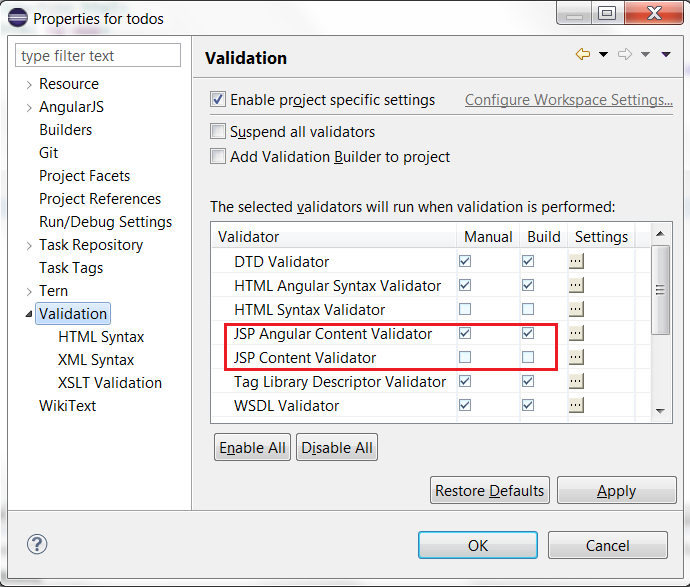 Enable JSP Angular Content Validator