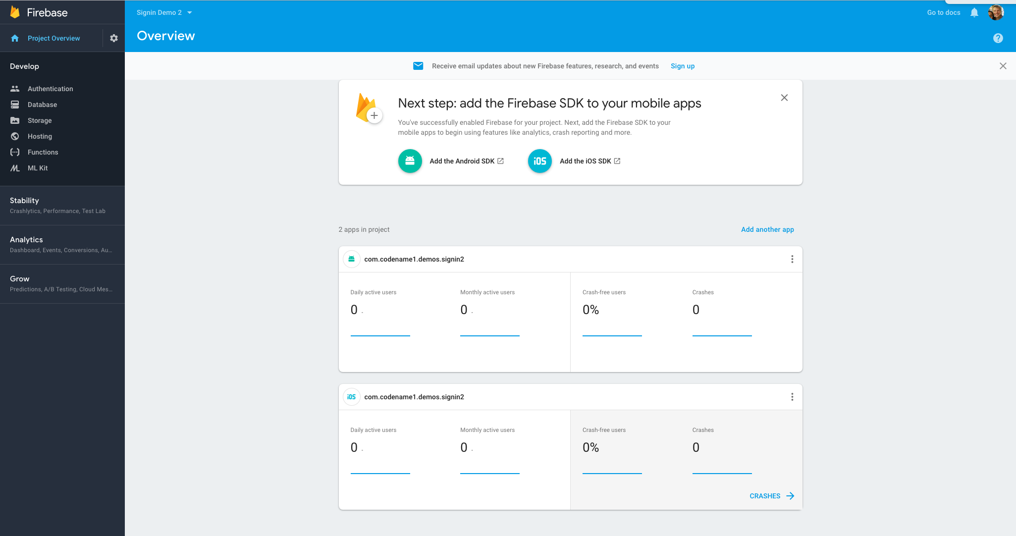 Firebase project dashboard