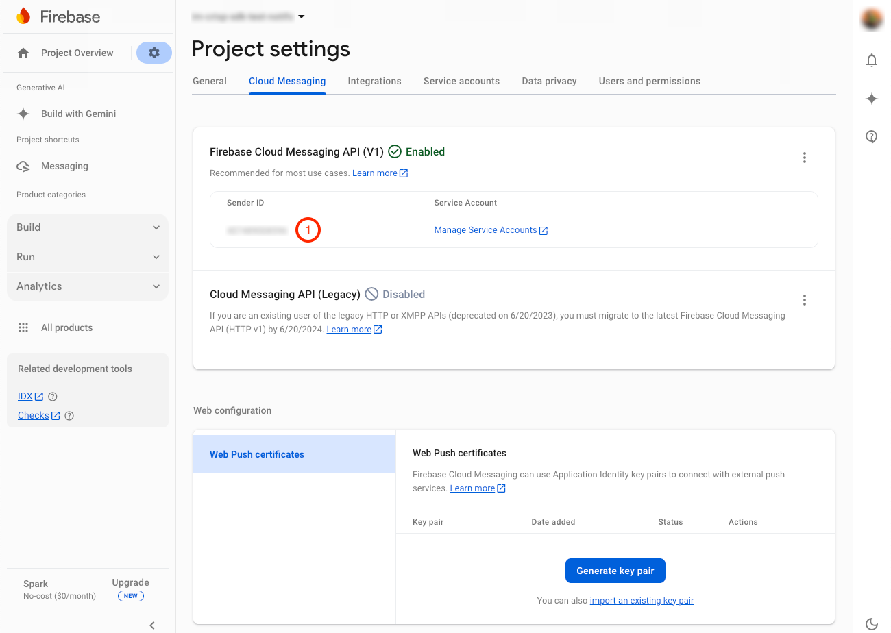 Copy your Firebase Cloud Messaging Sender ID