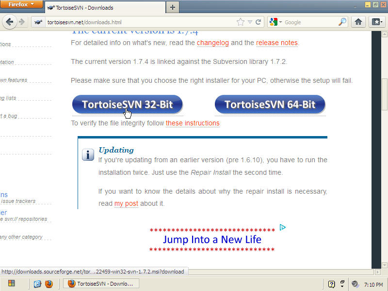 Download page of TortoiseSVN. Use the button corresponding to your operating system.