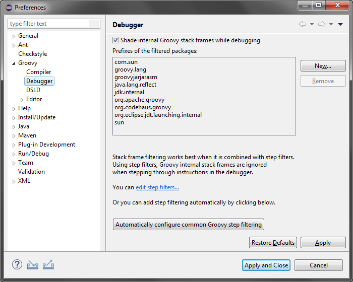 Debugger preferences page