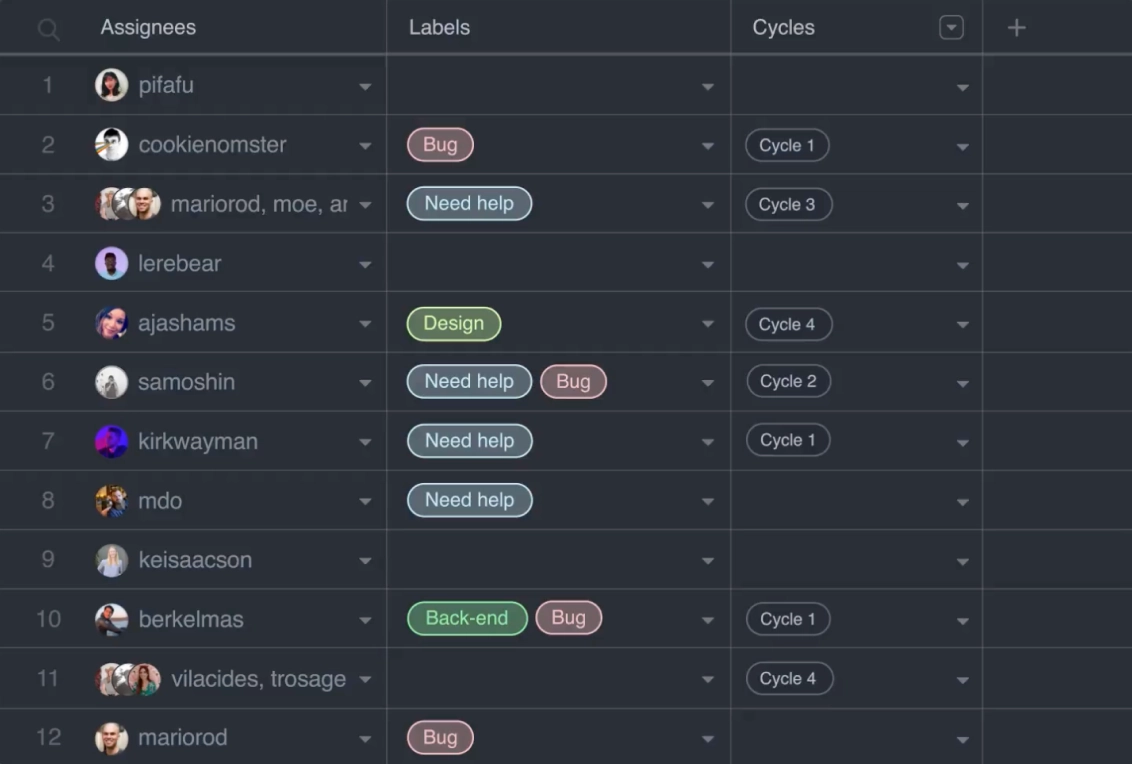 Table view of task assignments, showing assignees, labels like 'Bug,' 'Need help,' and 'Design,' and the corresponding work cycles for each task.